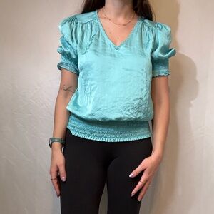 Philosophy Aqua Satin Puff Sleeve V-Neck Blouse